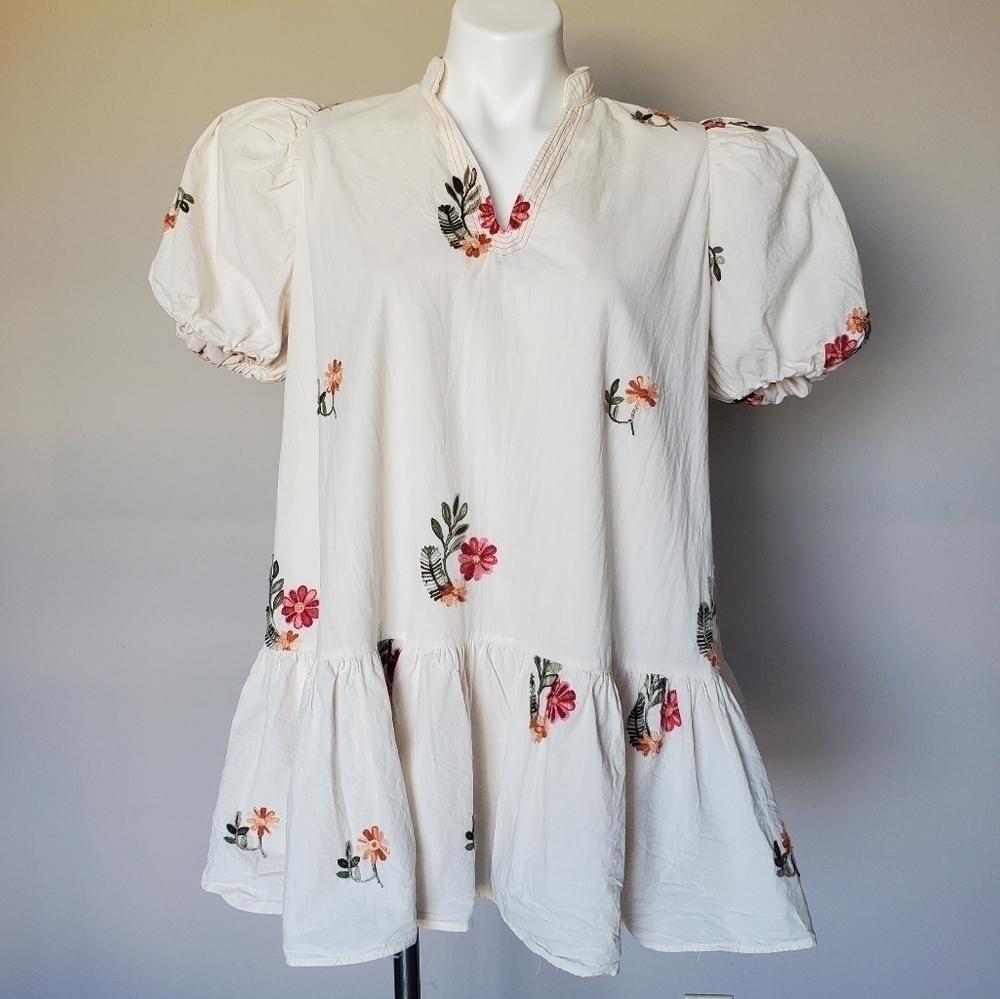 ChouChou Embroidered Cottagecore Grannycore Tunic Top Puff Sleeve Mini Dress